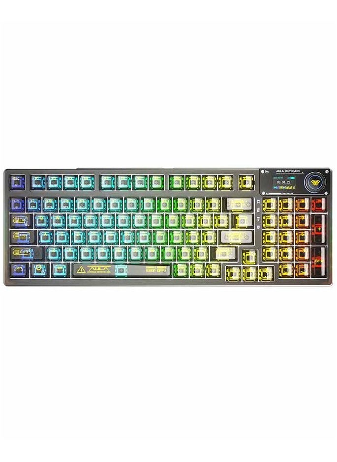 AULA F98 Pro Wireless Mechanical Keyboard with Transparent Keycaps, Hot-swappable, Pre-lubed Crystal Switch, Gasket Structure, RGB Backlit, OLED Screen,BT5.0/2.4G/USB-C Wired Computer Keyboard 