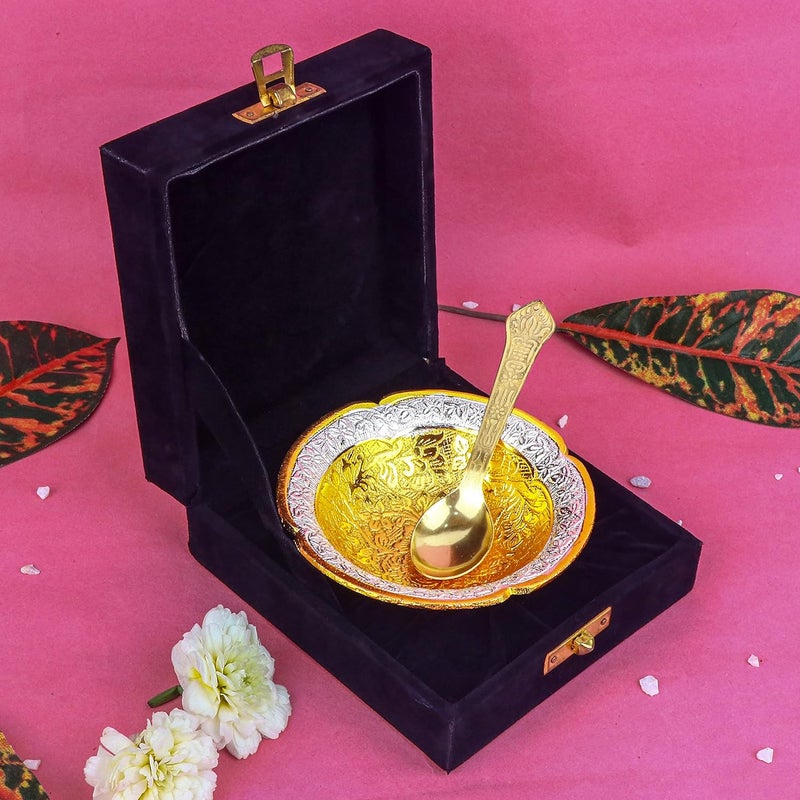 SATVIK STORE SATVIK 1 Set Designer Gold Silver Plated Lotus Flower Dessert Dry Fruits Embossed Serving Bowl With Spoon Set Festive Diwali Pujan Decortive Bhog Bowl Christmas Housewarming Wedding Return Gift Items  - Image 1