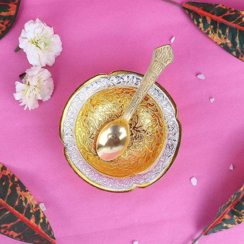 SATVIK STORE SATVIK 1 Set Designer Gold Silver Plated Lotus Flower Dessert Dry Fruits Embossed Serving Bowl With Spoon Set Festive Diwali Pujan Decortive Bhog Bowl Christmas Housewarming Wedding Return Gift Items  - Image 2