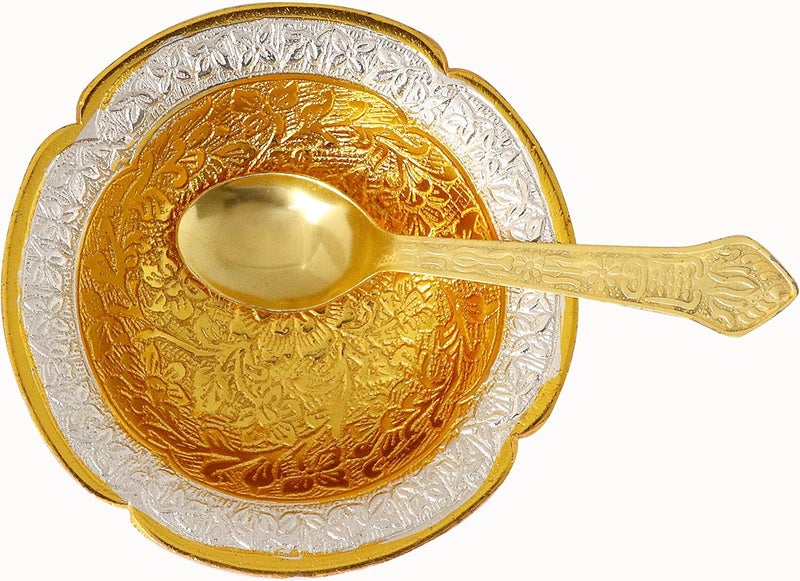 SATVIK STORE SATVIK 1 Set Designer Gold Silver Plated Lotus Flower Dessert Dry Fruits Embossed Serving Bowl With Spoon Set Festive Diwali Pujan Decortive Bhog Bowl Christmas Housewarming Wedding Return Gift Items  - Image 5