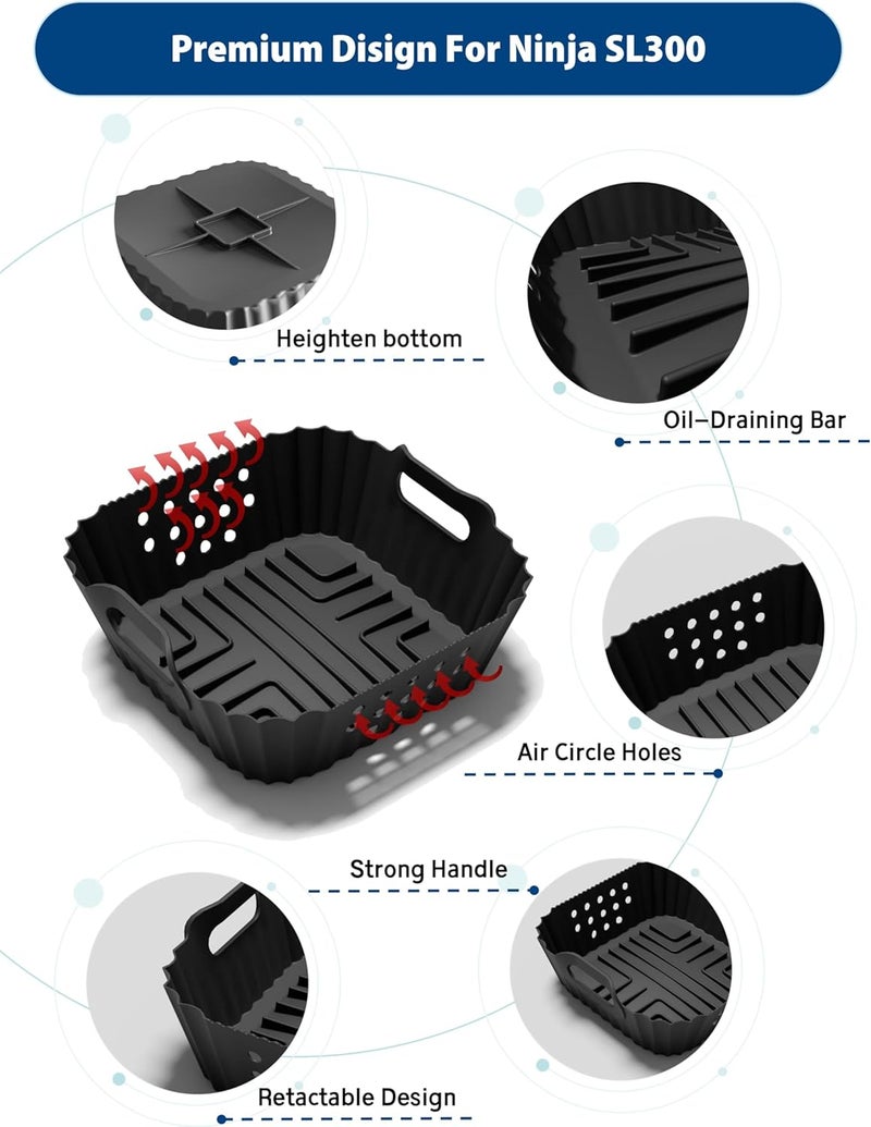 بطانات قلاية الهواء السيليكونية لـ Ninja Double Stack سعة 7.6 لتر SL300UK، بطانات قلاية هواء سيليكونية مزدوجة قابلة لإعادة الاستخدام ملحقات قلاية الهواء Ninja Double Stack لـ Ninja AF400UK، AF451UK (قطعتان أسود) - Image 3