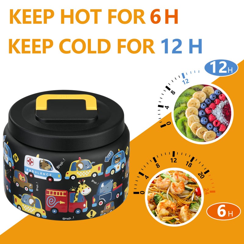 PIQUEBAR 8oz Kids Thermo for Hot Food,Small Lunch Thermos Food Container Stainless Steel,Easy Open Wide Mouth Thermo for Hot Cold Food for Preschool Travel (Black Animal Truck) - Image 3
