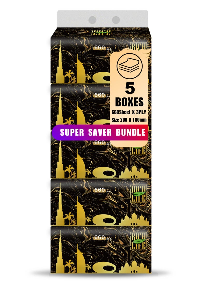 Rich Life Facial Tissue - Premium Quality 3-Ply - 660 Sheets | 5 Value Packs | Soft, Durable & Moisture Proof | 100% Raw Wood Pulp - Ideal for Wet & Dry | Available in 5 to 100 Packs  - Image 1