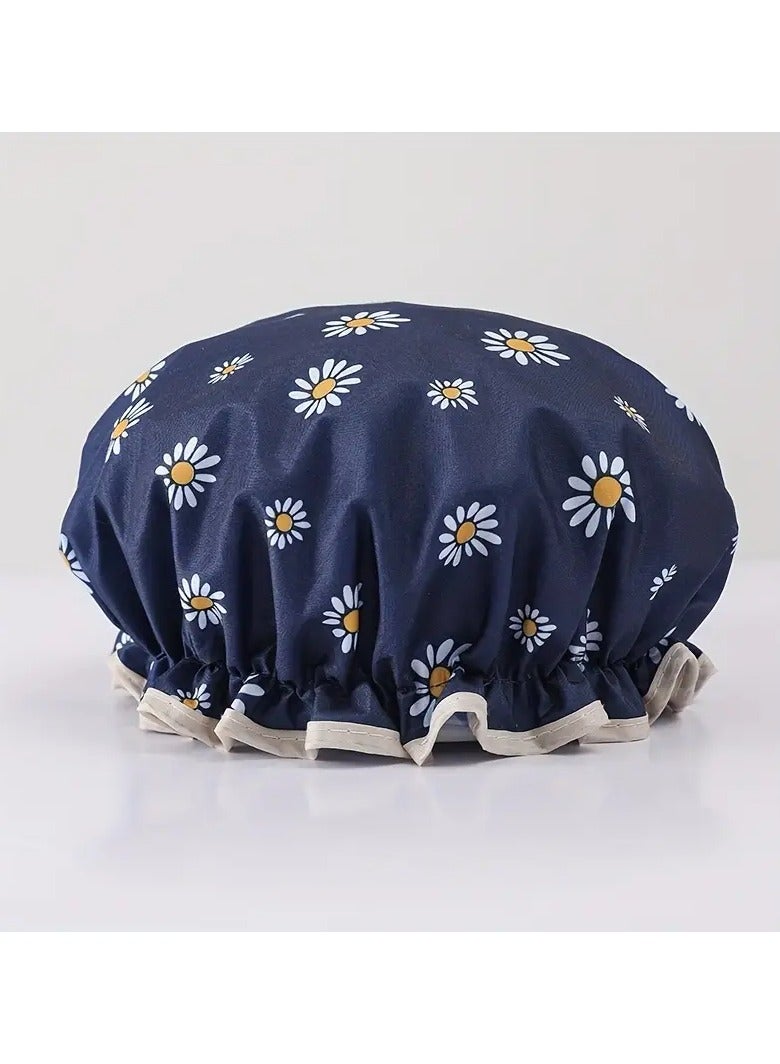 Ucanbe 1pc Double Layer Waterproof Shower Cap - Adjustable Printed Daisy Bonnet, Elastic Band Hair Hat for Women, Ideal for Bath, Spa & Salon（Daisy Navy） - Image 1
