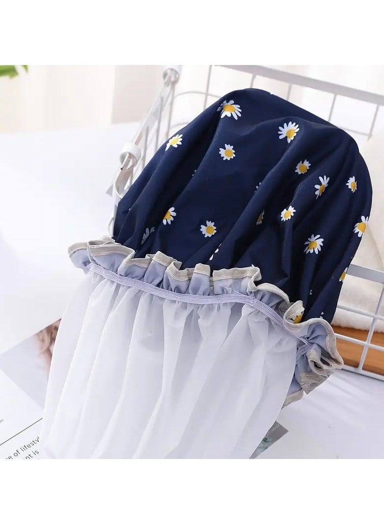 Ucanbe 1pc Double Layer Waterproof Shower Cap - Adjustable Printed Daisy Bonnet, Elastic Band Hair Hat for Women, Ideal for Bath, Spa & Salon（Daisy Navy） - Image 3