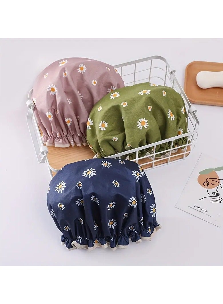 Ucanbe 1pc Double Layer Waterproof Shower Cap - Adjustable Printed Daisy Bonnet, Elastic Band Hair Hat for Women, Ideal for Bath, Spa & Salon（Daisy Navy） - Image 4