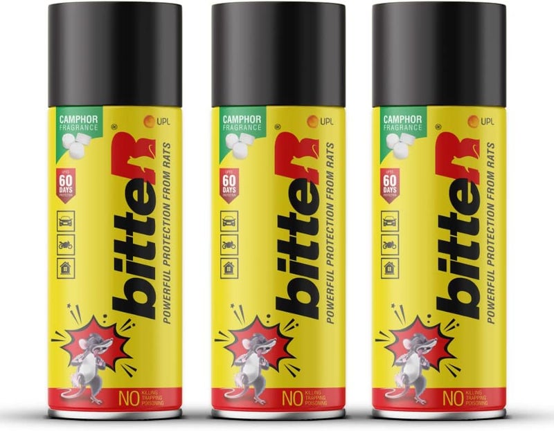 bitteR powerful protection from rats, 100ml spray - Protect wires in Car, Bike and at home | Camphor fragrance | Non Toxic | No Kill Only repels | 60 days protection (Pack Of 3) - Image 1
