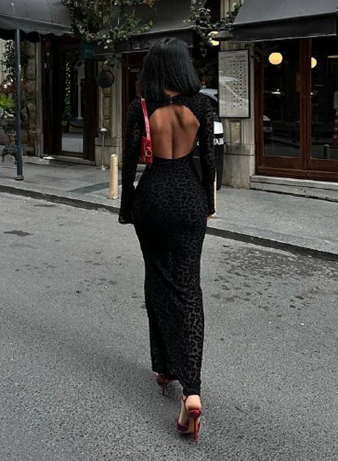 trendyol Black Flock Printed Tulle Maxi Length Lined Evening Prom Dress - Image 5