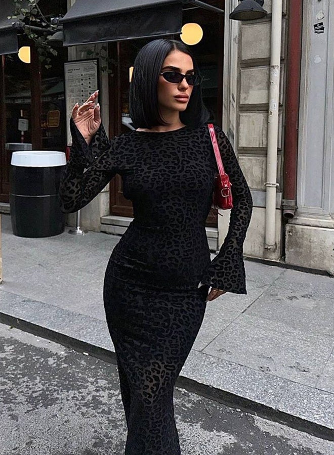 trendyol Black Flock Printed Tulle Maxi Length Lined Evening Prom Dress - Image 2