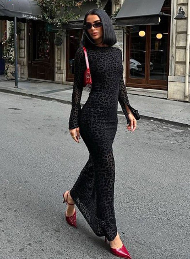 trendyol Black Flock Printed Tulle Maxi Length Lined Evening Prom Dress - Image 1