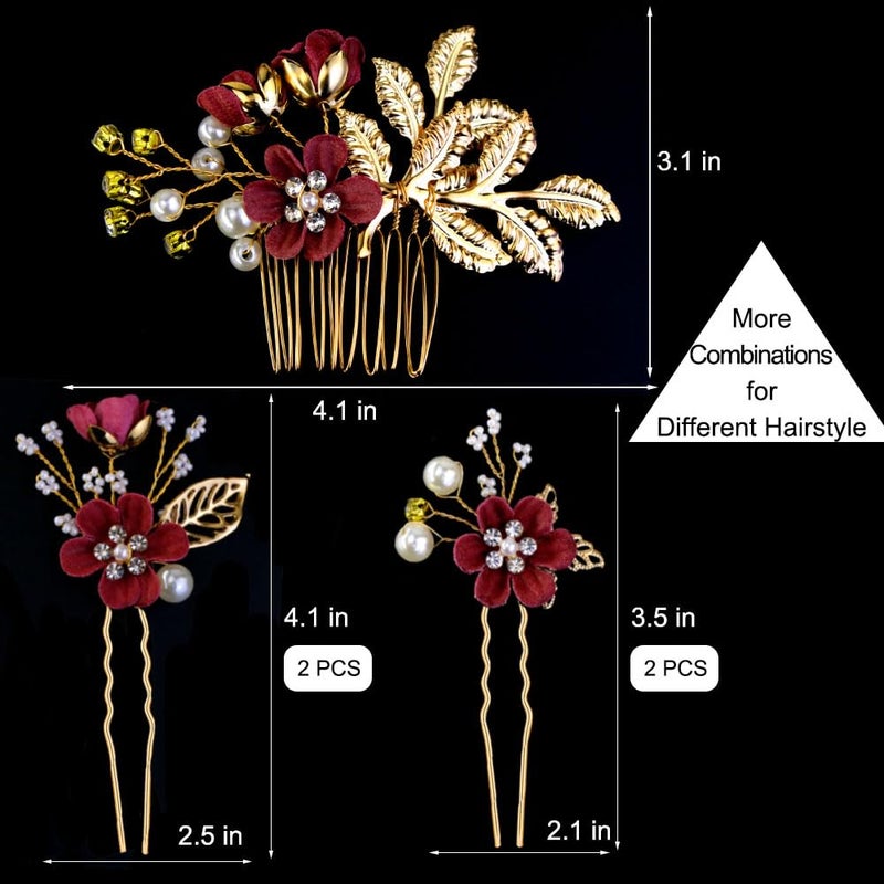 LAPOHI 5 PCS Bridal Flower Wedding Hair Pins Crystal Pearl Hair Clips Headpiece Gold Wedding Hair Accessories Jewelry with Rhinestone for Brides Bridesmaids Women Girls Updo(Cherry Blossoms Pink) - Image 2