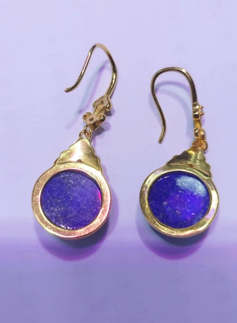 Round shape 925 sterling silver plated by gold with natural lapis lazuli gem stone earrings - Image 2