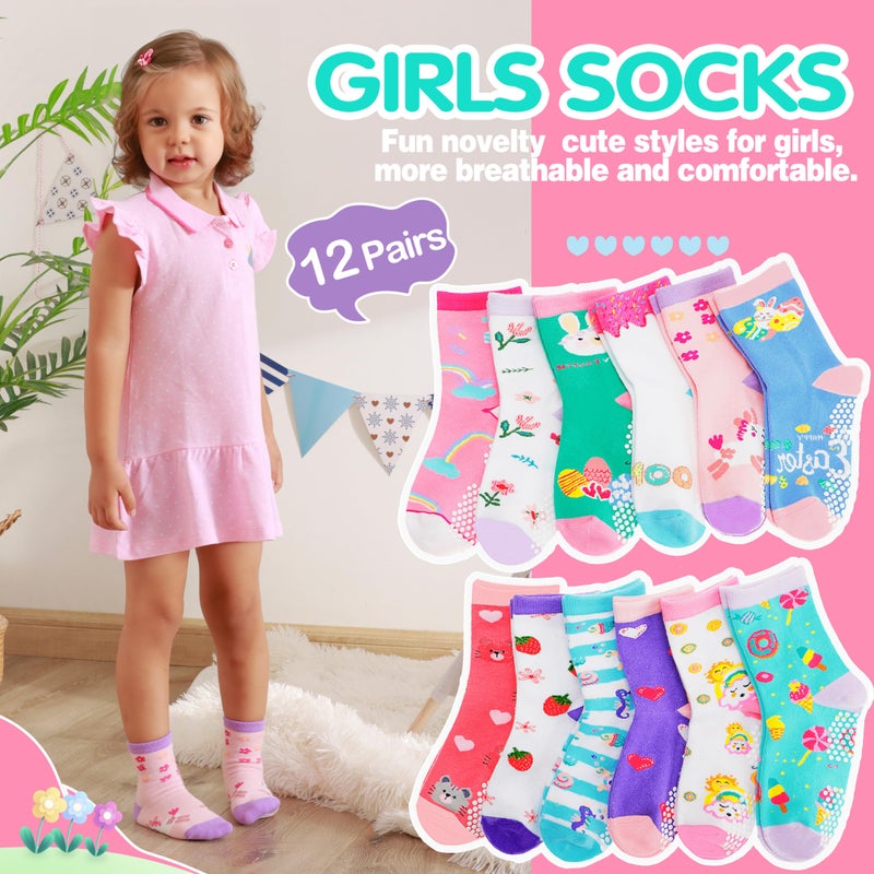 Welwoos Baby Girls Toddlers Grips Socks Kids Non Slip Anti Skid Funny Animal Cartoon Gift Cotton Socks with Grippers 12 Pairs Stocking Stuffers (Flower,5-8 Y) - Image 2