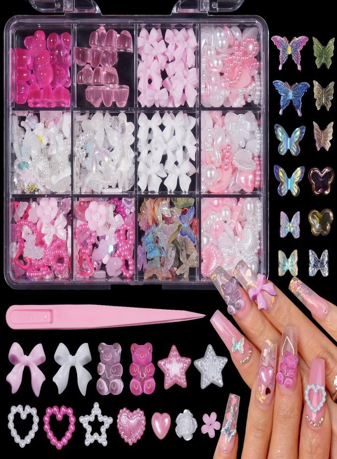 Uotey 3D Bows Pearl Heart Nail Charms, Acrylic Butterfly Bear Heart Bows Flowers Charms for Acrylic Nail for DIY Accessories - Image 1