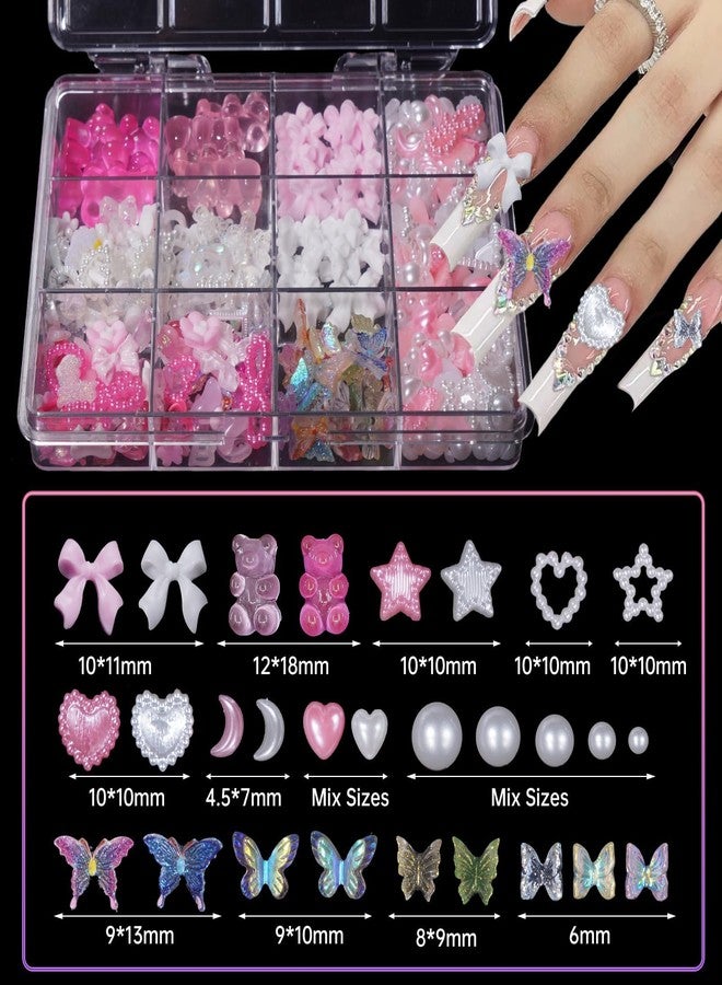 Uotey 3D Bows Pearl Heart Nail Charms, Acrylic Butterfly Bear Heart Bows Flowers Charms for Acrylic Nail for DIY Accessories - Image 2
