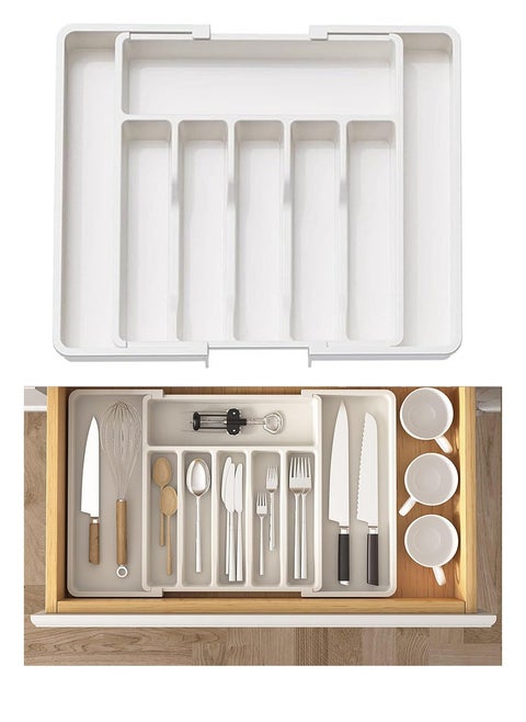 Silverware Drawer Organizer Expandable Utensil Tray for Kitchen Adjustable Flatware and Cutlery Holder, Compact Plastic Storage for Spoons Forks Knives Large Safe Grade Finis