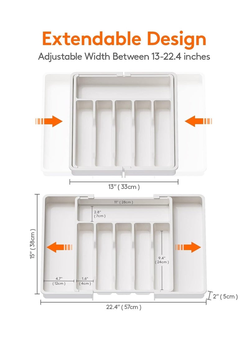 Silverware Drawer Organizer Expandable Utensil Tray for Kitchen Adjustable Flatware and Cutlery Holder, Compact Plastic Storage for Spoons Forks Knives Large Safe Grade Finis