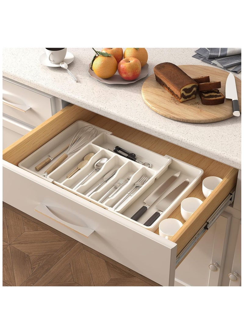Silverware Drawer Organizer Expandable Utensil Tray for Kitchen Adjustable Flatware and Cutlery Holder, Compact Plastic Storage for Spoons Forks Knives Large Safe Grade Finis