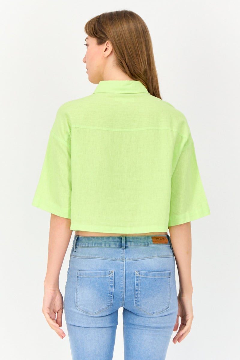 KOTON Ole x Koton Women Spread Collar Short Sleeves Solid Shirt, Apple Green - Image 3