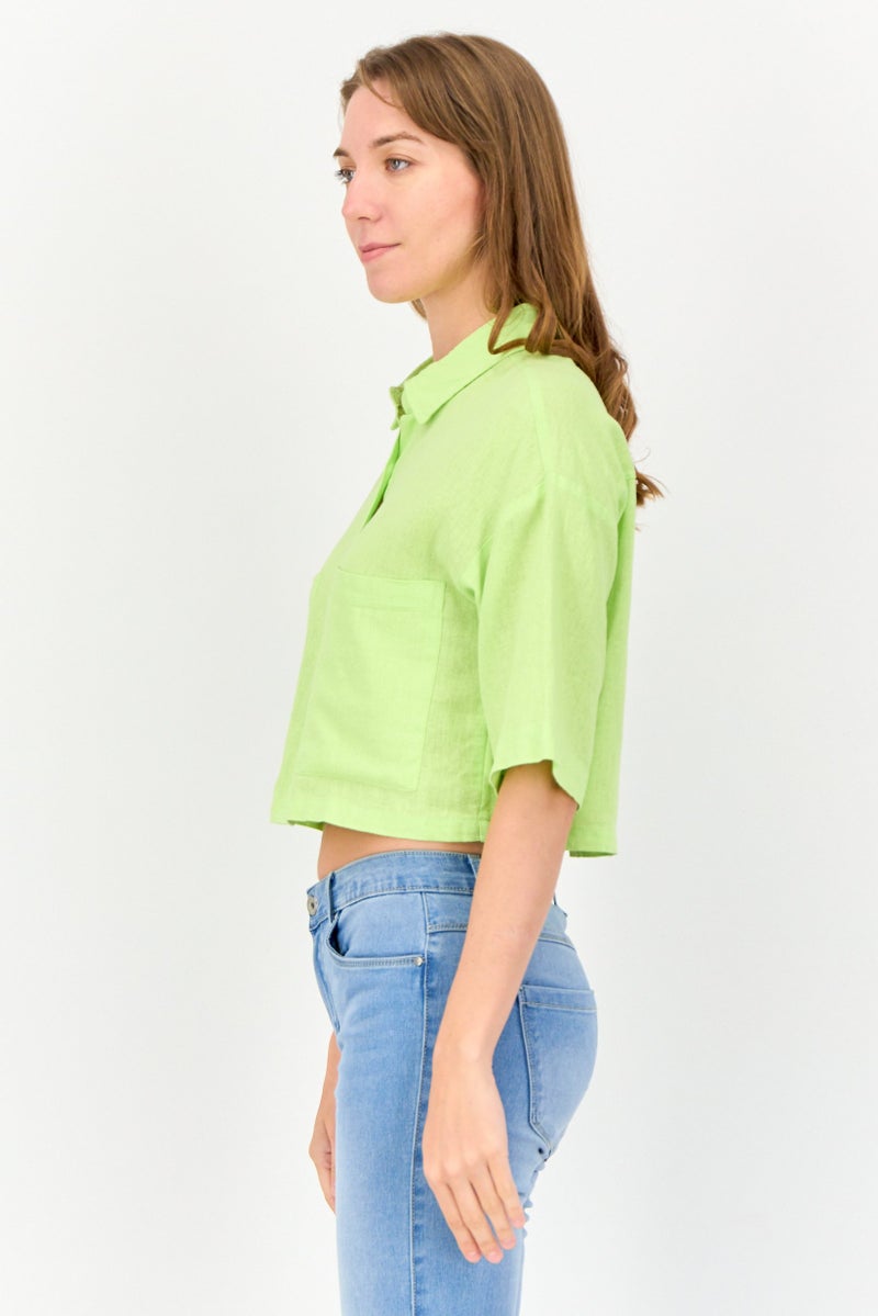 KOTON Ole x Koton Women Spread Collar Short Sleeves Solid Shirt, Apple Green - Image 2