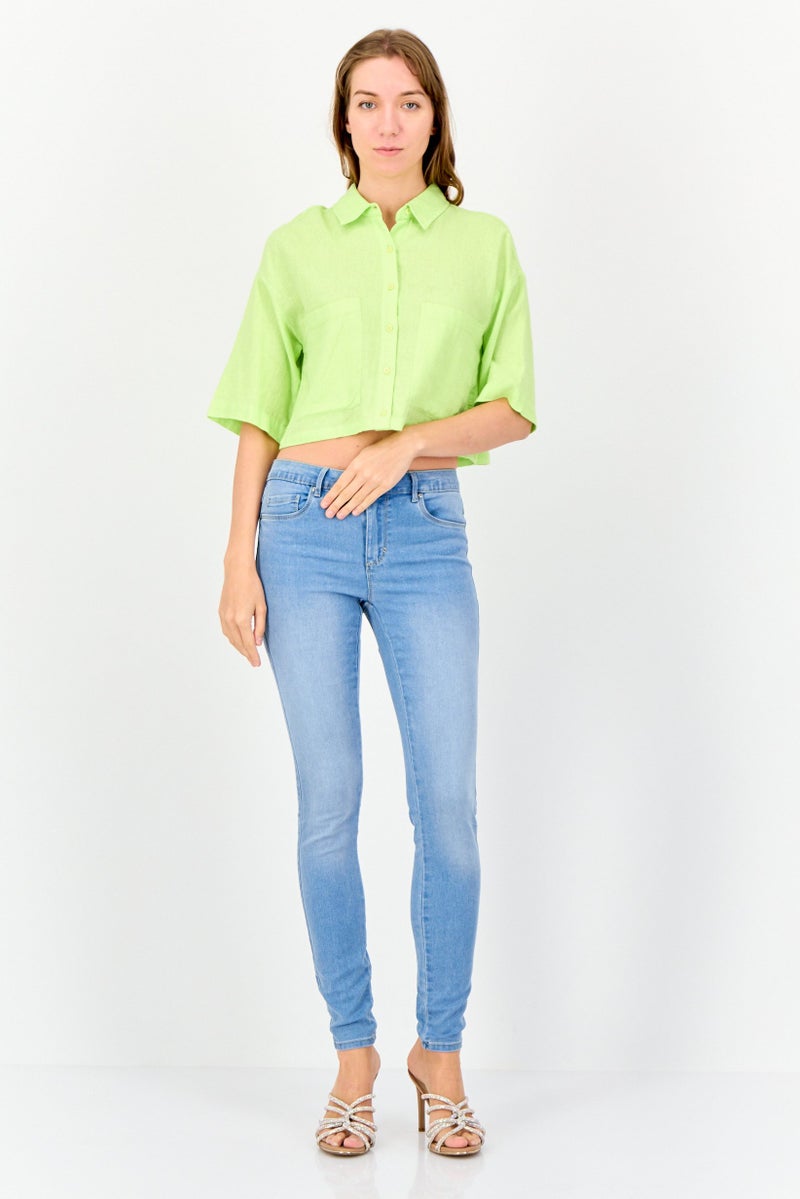 KOTON Ole x Koton Women Spread Collar Short Sleeves Solid Shirt, Apple Green - Image 4