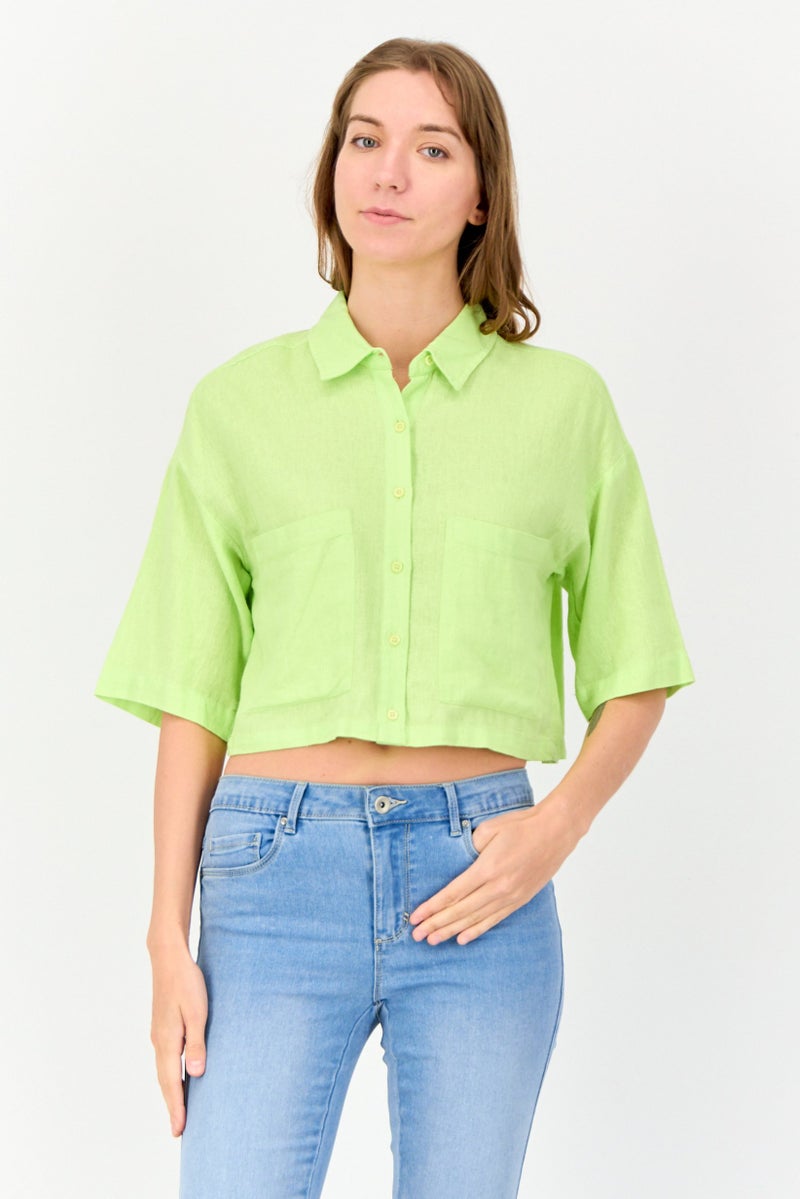 KOTON Ole x Koton Women Spread Collar Short Sleeves Solid Shirt, Apple Green - Image 1