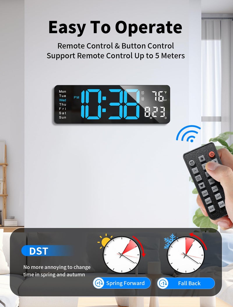 MASHI Digital Wall Clock, 16" Large Display Digital Clock with Remote Control, Auto-Dimming Wall Clock with Night Light, DST, Date Week,Temp for Living Room, Bedroom, Decor, for Elderly - Image 5