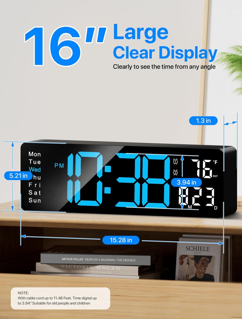 MASHI Digital Wall Clock, 16" Large Display Digital Clock with Remote Control, Auto-Dimming Wall Clock with Night Light, DST, Date Week,Temp for Living Room, Bedroom, Decor, for Elderly - Image 2
