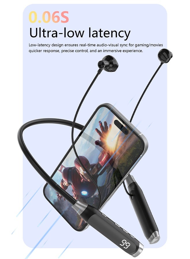 Bluetooth 5.3 Neckband Earphones with HD Digital Display, 12MM Dynamic Drivers, Ultra-Low Latency 0.06S, TF Card Playback, Long Battery Life (500mAh) - HiFi Sound Quality, Noise Cancellation, Magnetic Tangle-Free Design