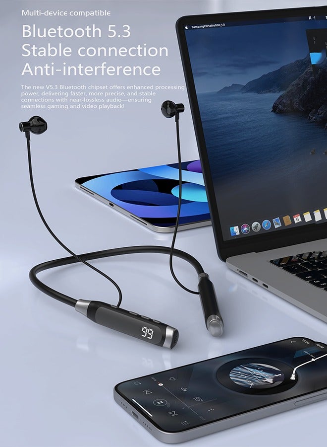 Bluetooth 5.3 Neckband Earphones with HD Digital Display, 12MM Dynamic Drivers, Ultra-Low Latency 0.06S, TF Card Playback, Long Battery Life (500mAh) - HiFi Sound Quality, Noise Cancellation, Magnetic Tangle-Free Design