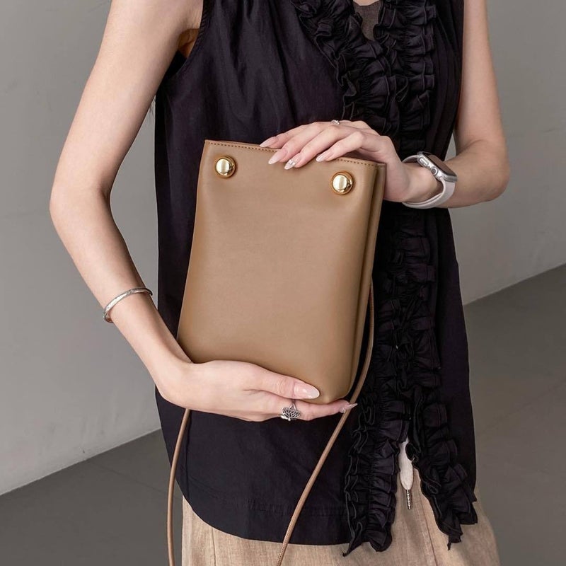 First-Layer Cowhide Mobile Phone Bag, Genuine Leather Small Square Bag, French Armpit Bag, Simple Tote Bag, Fashionable Shoulder Crossbody Bag For Women - Image 3