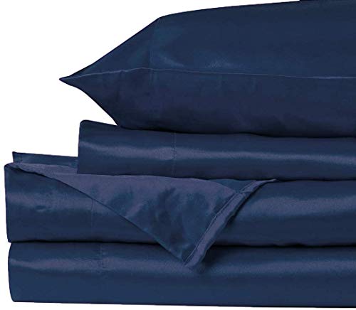 MK Home Mk Collection 4pc Soft Silky Satin Solid Color Deep Pocket Sheet Set (Navy Blue, King) - Image 3