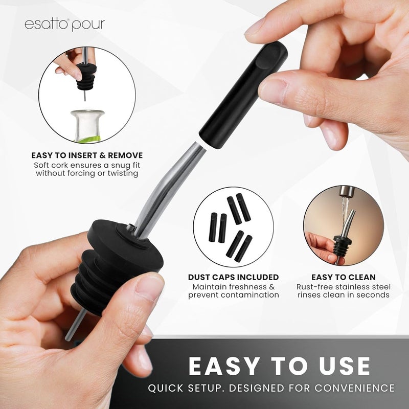 Esatto 6-Pack Stainless Steel Liquor Pour Spouts for Bottles - Built-in Hinged Lids with 3 Bottle Adapters - Drip-Free Spout for Olive Oil, Wine - Ideal for Cocktails, Bar Use, Kitchen Pourers - Rust-Free - Image 5