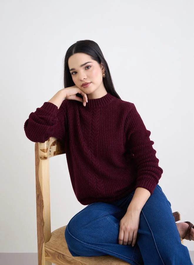 ستايلي سويتر محاكة بكابل بلون خمري