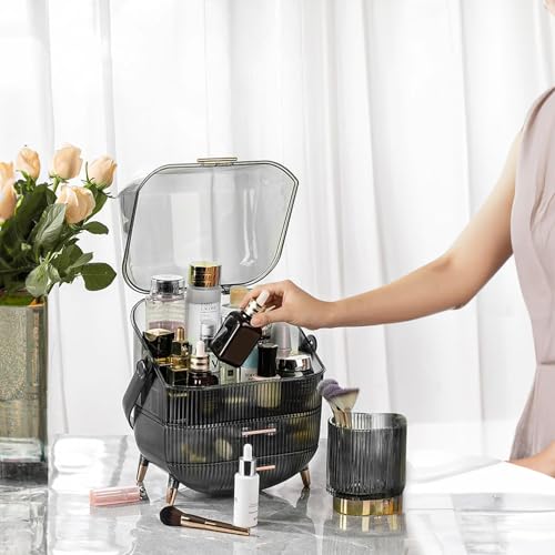 ALOXE Storage Box and Organiser for Makeup & Skincare | Large Makeup Organisers with Dust-Proof Cover | Dressing Table Organiser with Drawers (Clear Black) - Image 4