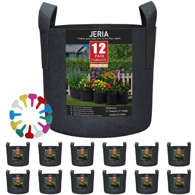 JERIA 12Pack 7 Gallon VegetableFlowerPlant Grow Bags Aeration Fabric Pots with Handles Black Come with 12 Pcs Plant Labels