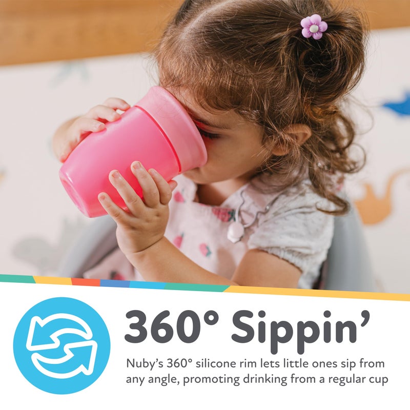 Nuby Wonder Cup - Spill-Proof Toddler Sippy Cups - (3 Pack) 10 oz - Sip from All Sides - Leak Resistant - Spoutless Transition Cup - Aqua/Purple/Pink - Image 2