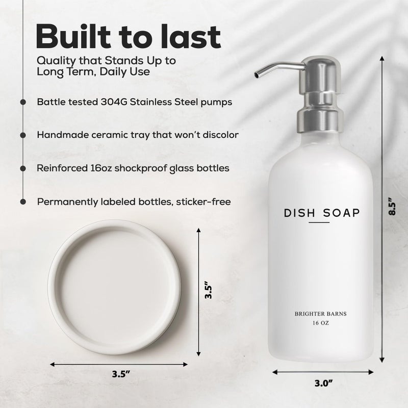 Brighter Barns White Glass Dish Soap Dispenser for Kitchen Sink by Brighter Barns - Modern Kitchen Soap Dispenser Set - Refillable Glass Bottle with Pump - Neutral Minimalist Home Decor in Airbnb, Restaurant (White) - Image 3