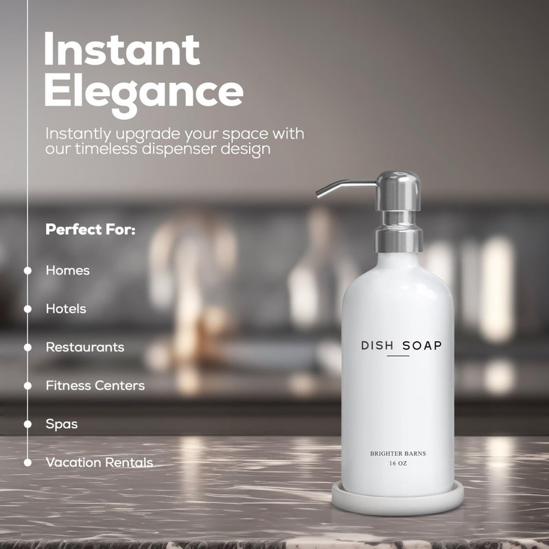 Brighter Barns White Glass Dish Soap Dispenser for Kitchen Sink by Brighter Barns - Modern Kitchen Soap Dispenser Set - Refillable Glass Bottle with Pump - Neutral Minimalist Home Decor in Airbnb, Restaurant (White) - Image 2
