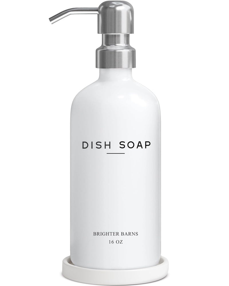 Brighter Barns White Glass Dish Soap Dispenser for Kitchen Sink by Brighter Barns - Modern Kitchen Soap Dispenser Set - Refillable Glass Bottle with Pump - Neutral Minimalist Home Decor in Airbnb, Restaurant (White) - Image 1