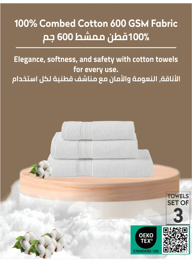 Donetella White Premium Towel 3-Pcs Set, 100% Combed Cotton 600 GSM, Highly Absorbent, Quick Dry Towel Set Include 1 Bath Towel, 1 Bath Sheet, 1 Hand Towel, Best Set for Bathroom Gym, Hotel And Spa,White  | Best Price UAE