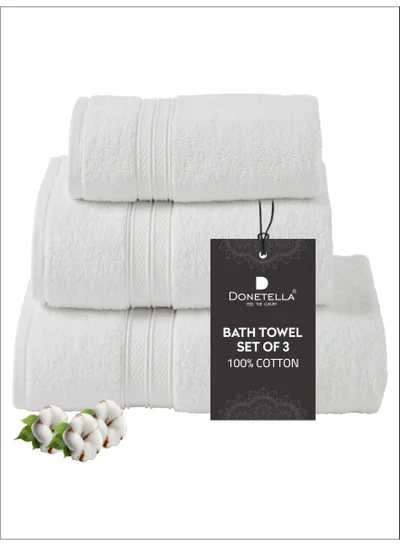 Donetella Premium Towel 3-Pcs Set, 100% Combed Cotton 600 GSM, Highly Absorbent, Quick Dry Towel Set Include 1 Bath Towel, 1 Bath Sheet, 1 Hand Towel, Best Set for Bathroom Gym, Hotel And Spa,White