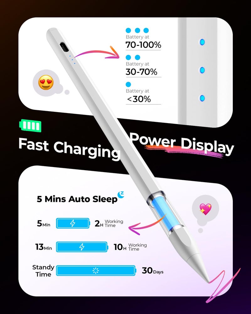 JAMJAKE iPad Pencil, No.1 Sales in US, Stylus with 10 Mins Faster Charge Compatible for 2018-2025 Apple iPad Gen (6/7/8/9/10/11)/ Air (3/4/5/M2/M3)/ Mini (5/6)/ Pro (11"/12.9"/M4), White - Image 4