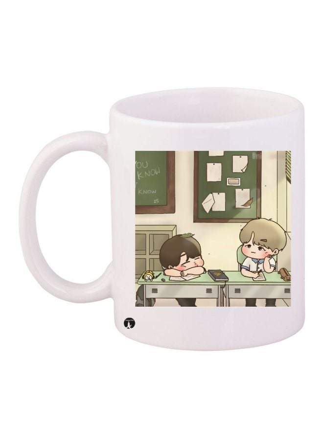 RYN Cartoon Printed Coffee Mug White/Beige/Green 11ounce