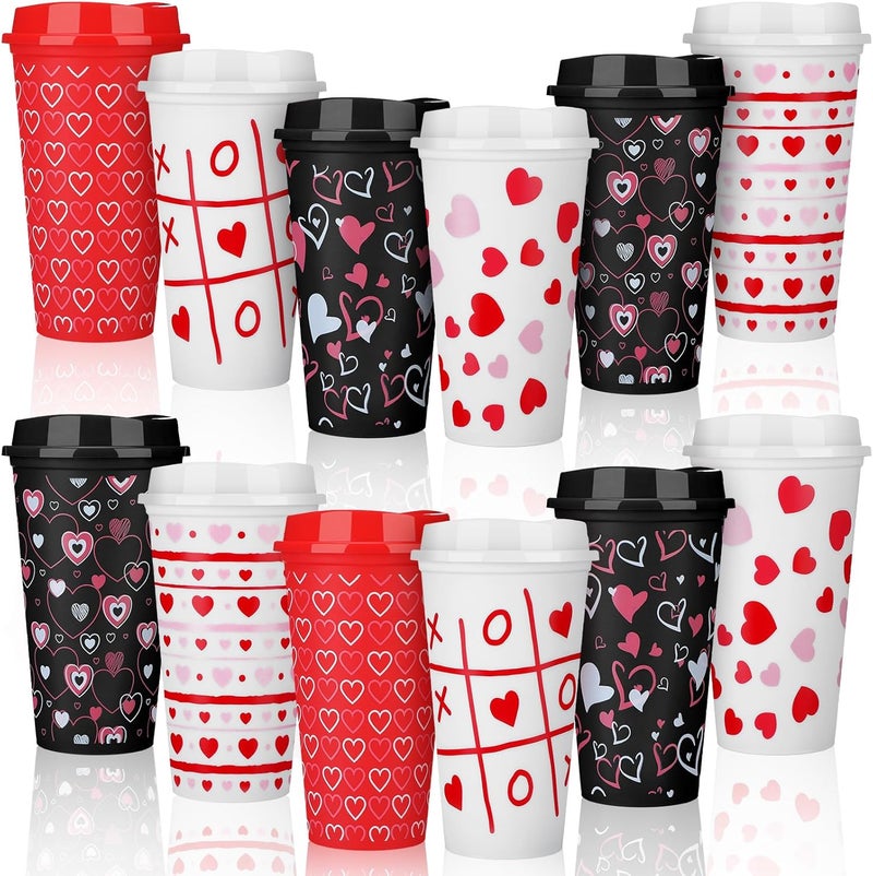 Pickmesh 12 Pack Valentines Day Gifts for Teachers Valentines Day Cup Reusable Coffee Cup 16 oz for Women Back to School Gift with Lid Thank You Coffee Mug for Hot and Cold DrinksHeart Style - Image 1