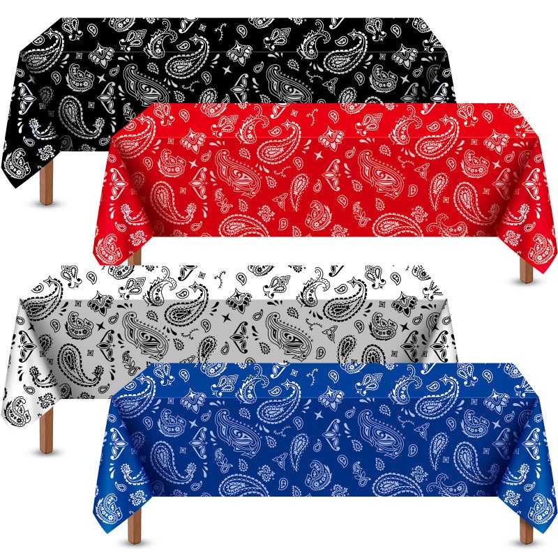 Reginary 4 Pack Western Party Tablecloth Paisley Bandana Table Cover Plastic Rectangle Tablecloth for Western Cowboy Themed Party Decorations 54 x 108 Inch White Black Red Blue - Image 2