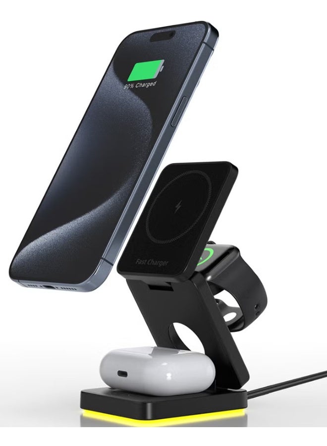 Fast Wireless Charger, Magnetic Foldable 3 in 1 Charging Station compatible with iPhone 16/15/14/13/12/Pro/Plus/Pro Max,15W Portable Charger for Apple Watch10/9/8/7/6/5/4/3/SE, compatible with Airpods3/2/Pro Black - Image 1