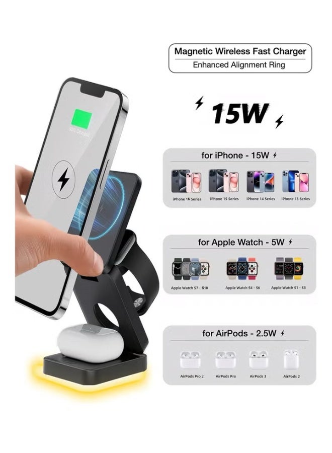 Fast Wireless Charger, Magnetic Foldable 3 in 1 Charging Station compatible with iPhone 16/15/14/13/12/Pro/Plus/Pro Max,15W Portable Charger for Apple Watch10/9/8/7/6/5/4/3/SE, compatible with Airpods3/2/Pro Black - Image 5