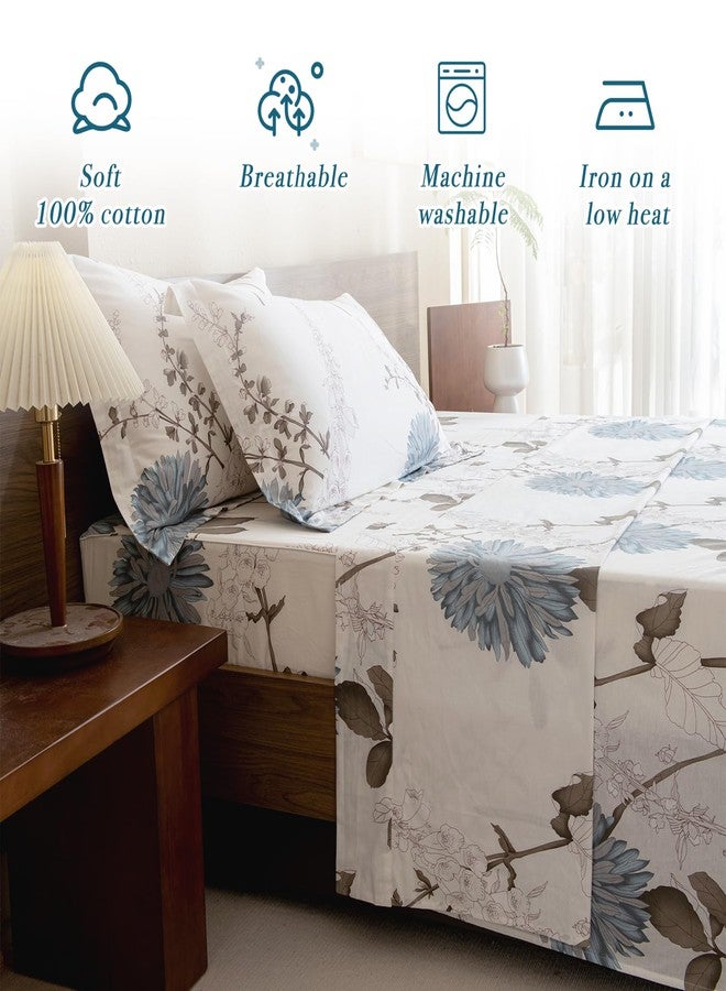 Lady Ann 100% Cotton Floral King Size Sheets Set Deep Pockets, Blue Flowers Printed on Off White Pattern Cotton Cottagecore Bedding Sheets for King Size Bed Cozy Botanical Bed Sheets - Image 2
