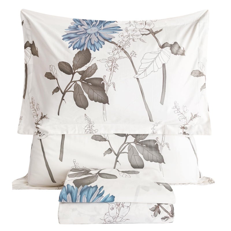 Lady Ann 100% Cotton Floral King Size Sheets Set Deep Pockets, Blue Flowers Printed on Off White Pattern Cotton Cottagecore Bedding Sheets for King Size Bed Cozy Botanical Bed Sheets - Image 1